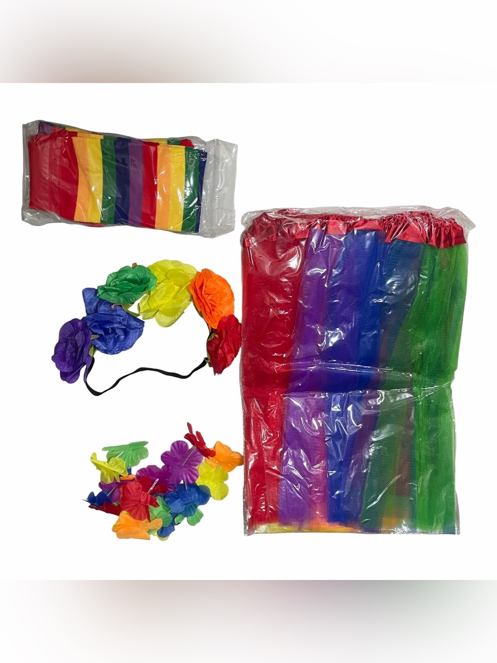 Rainbow Set (Tutu, Long Socks, Lei, Floral Headband) and 12 Fans